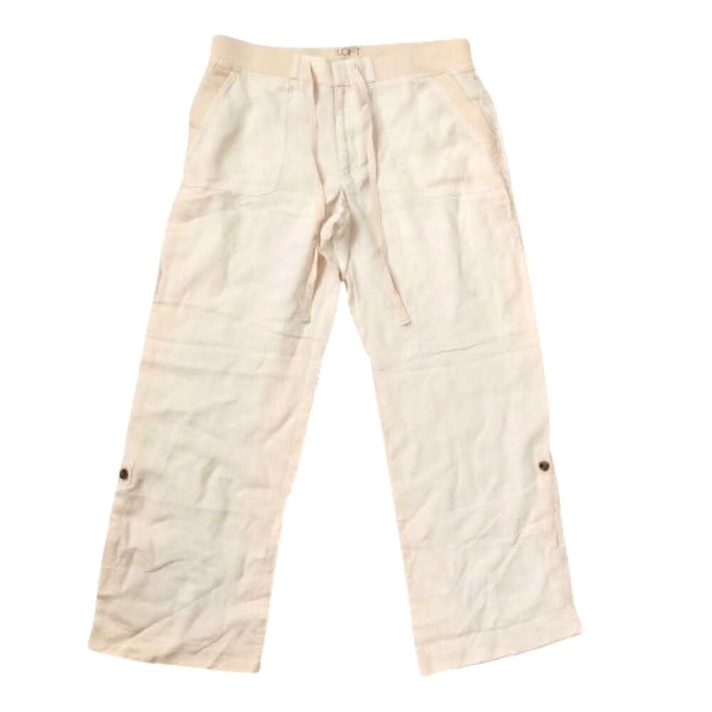LOFT Lounge Womens Size 14 100% Linen Pants Ivory Roll Tab Hem Drawstring